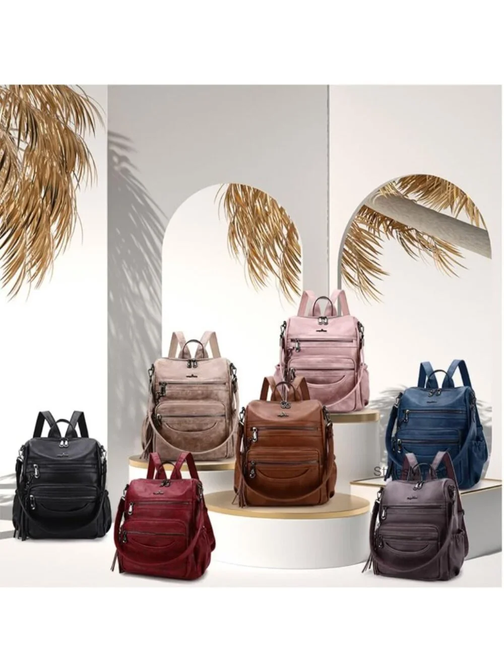 PU Leather Zipper Casual Backpack Purse Women's Vegan Leather Shoulder Bag